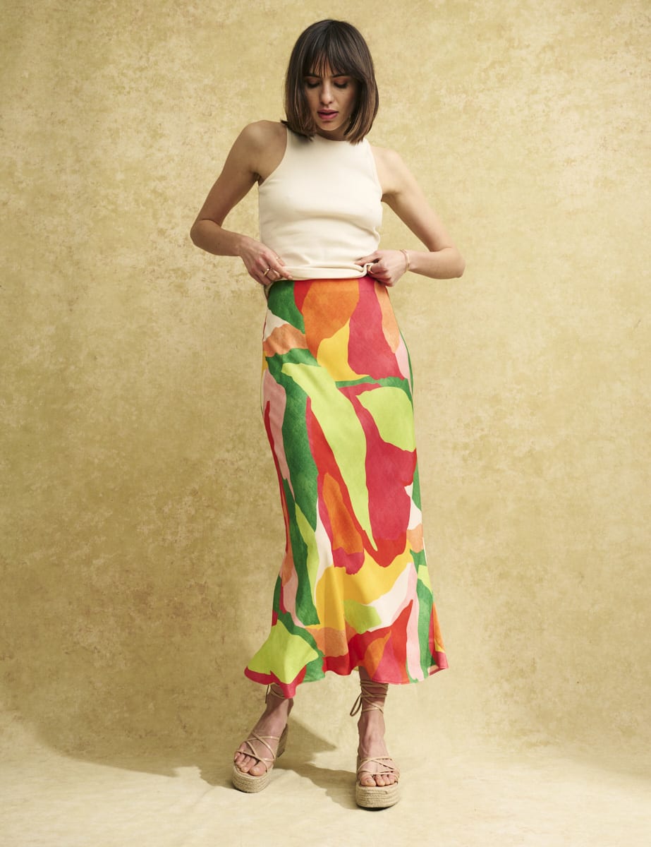 Abstract Leaf Print Mila Midi Skirt
