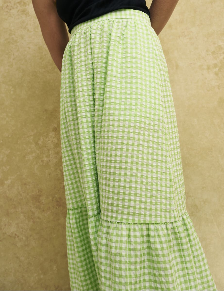 Green Gingham Check Bianca Midi Skirt