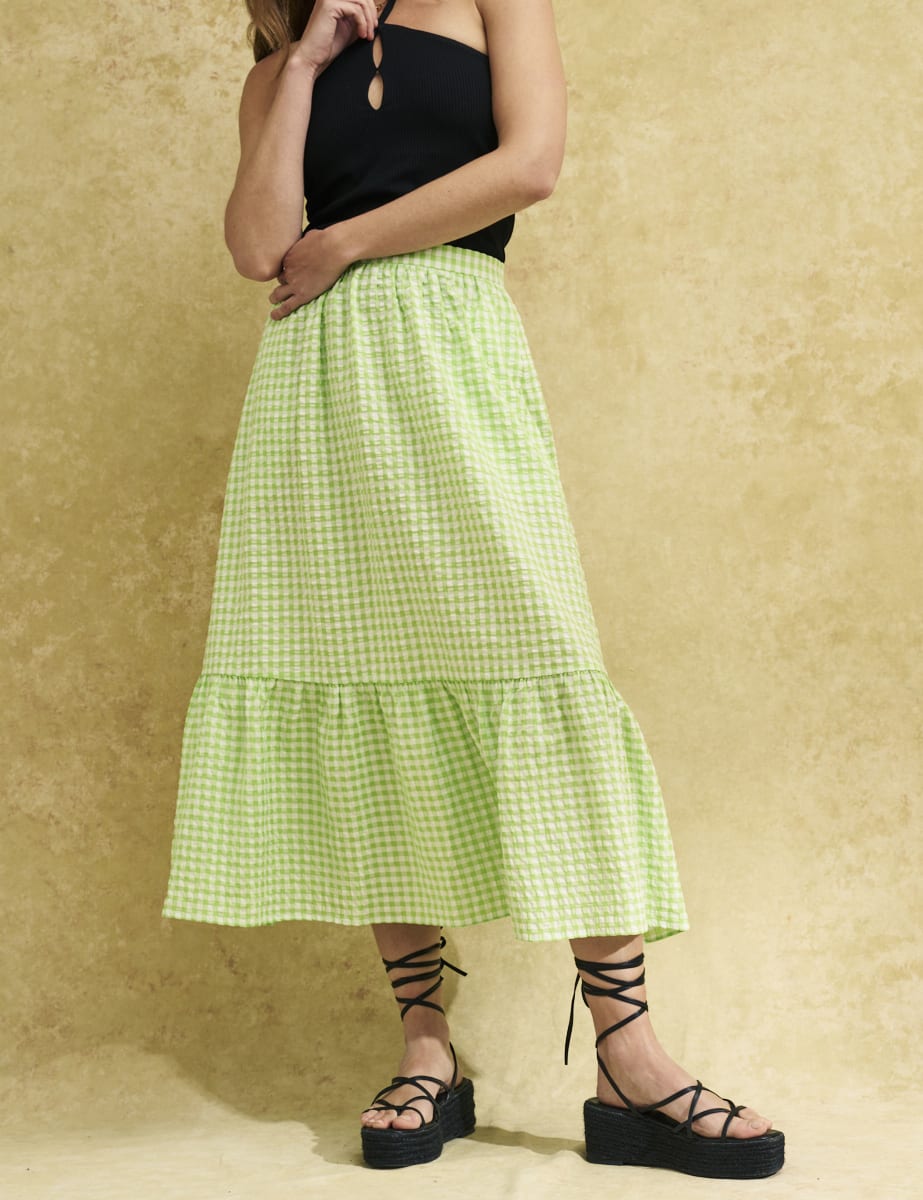 Green Gingham Check Bianca Midi Skirt