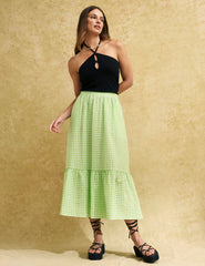Green Gingham Check Bianca Midi Skirt