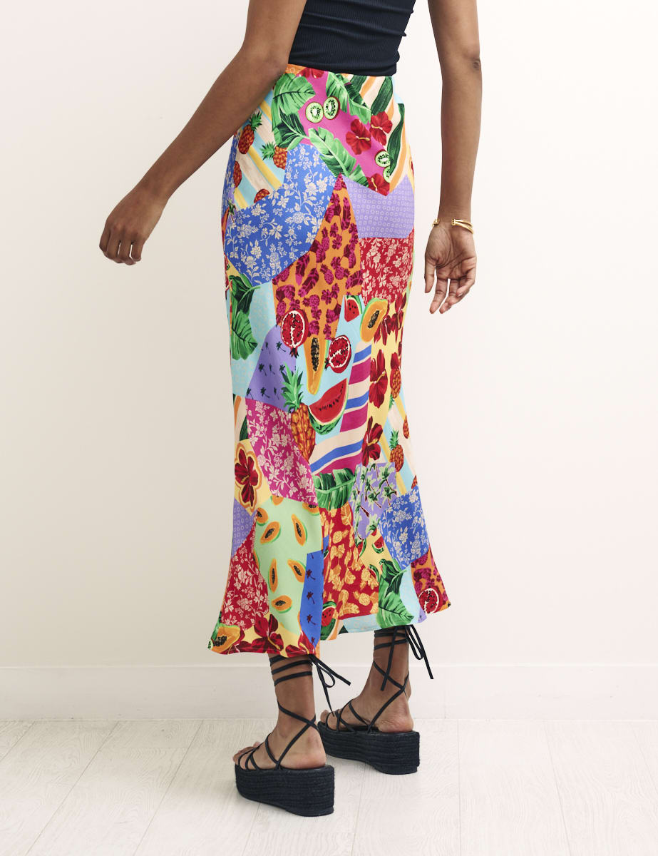 Fruit Patchwork Print Mila Satin Slip Midi Skirt