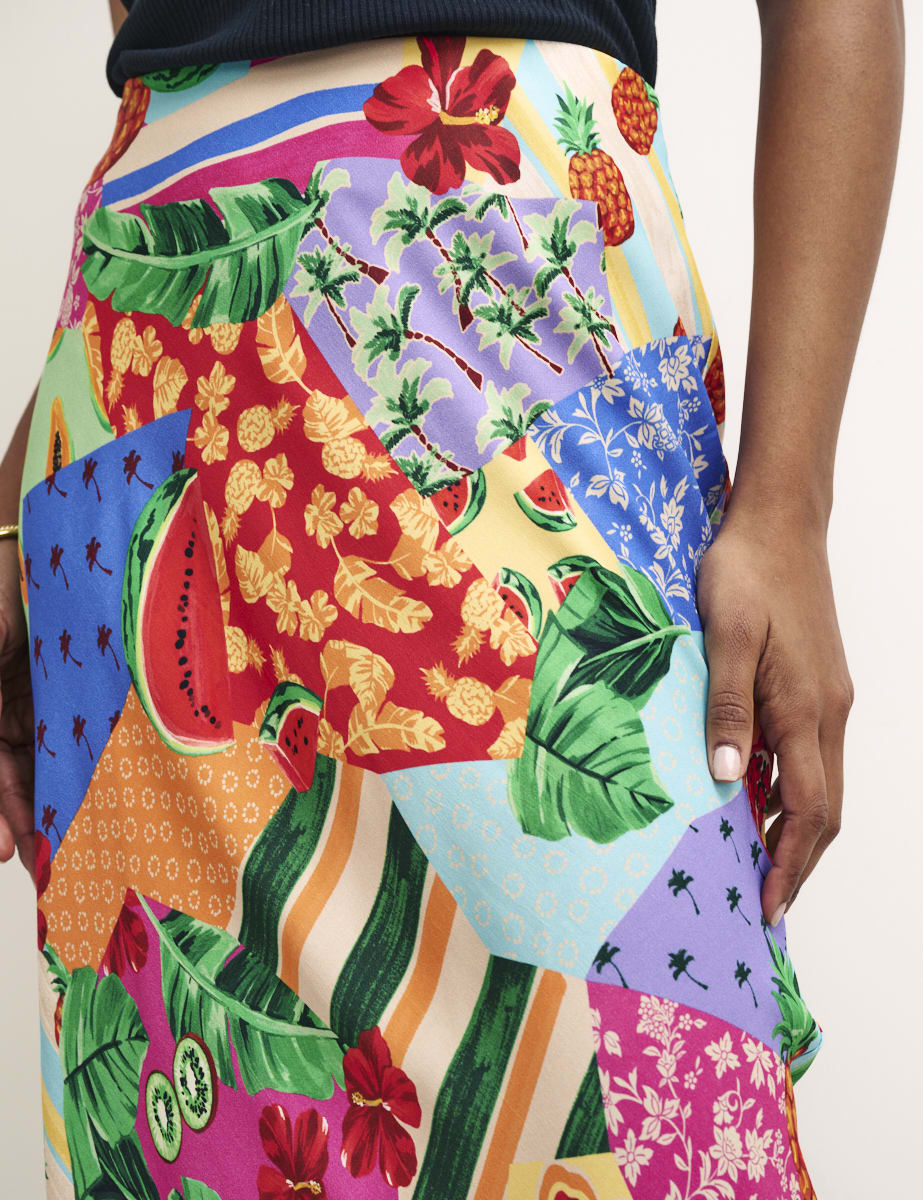 Fruit Patchwork Print Mila Satin Slip Midi Skirt