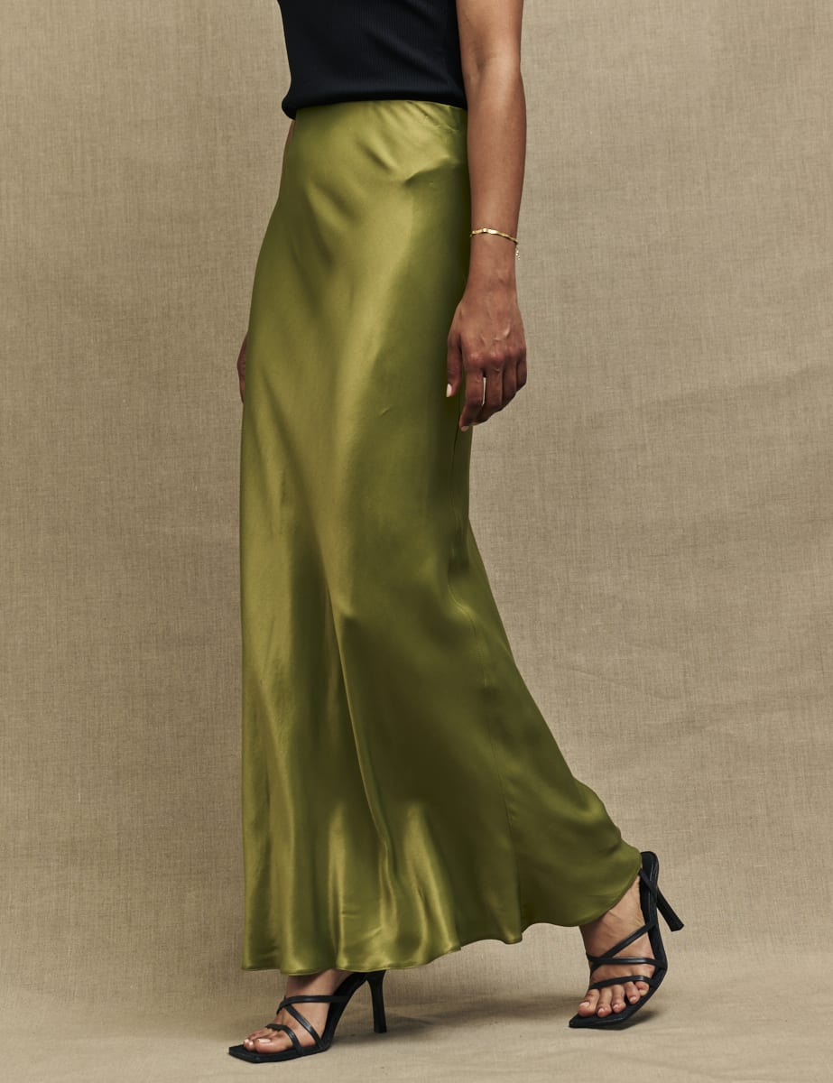 Petite Olive Green Mila Satin Maxi Skirt