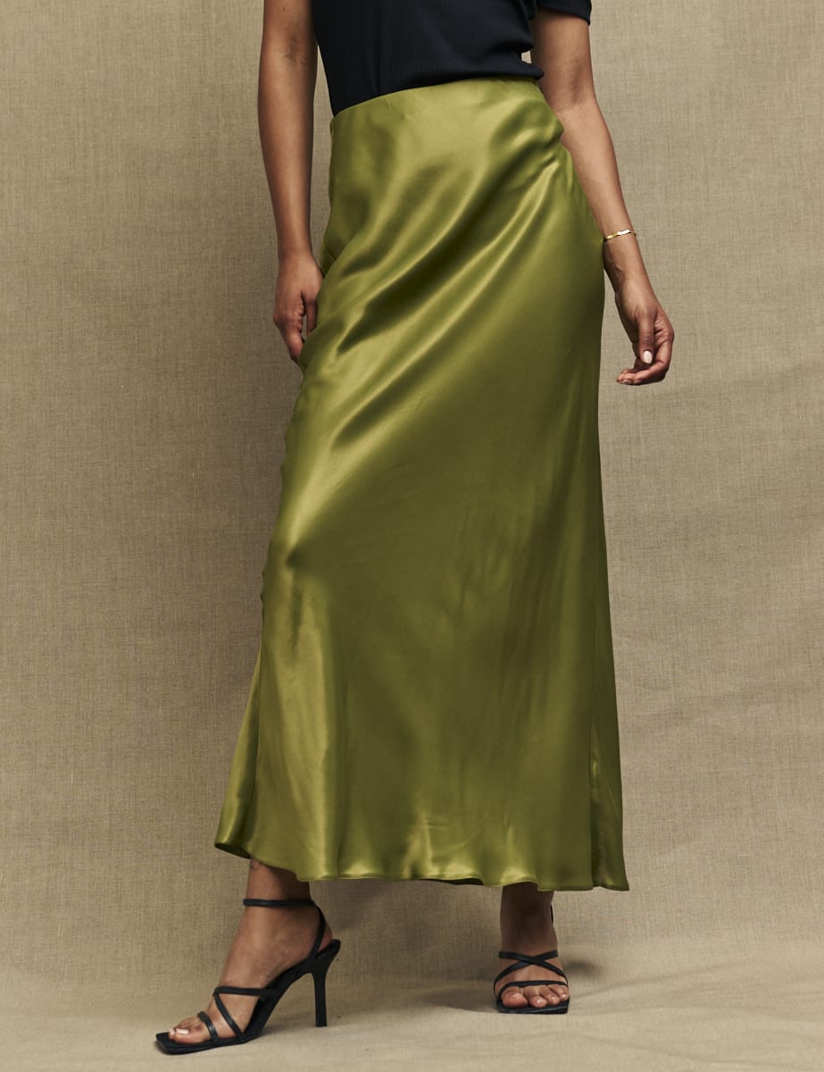 Petite Olive Green Mila Satin Maxi Skirt