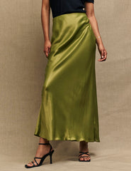 Petite Olive Green Mila Satin Maxi Skirt