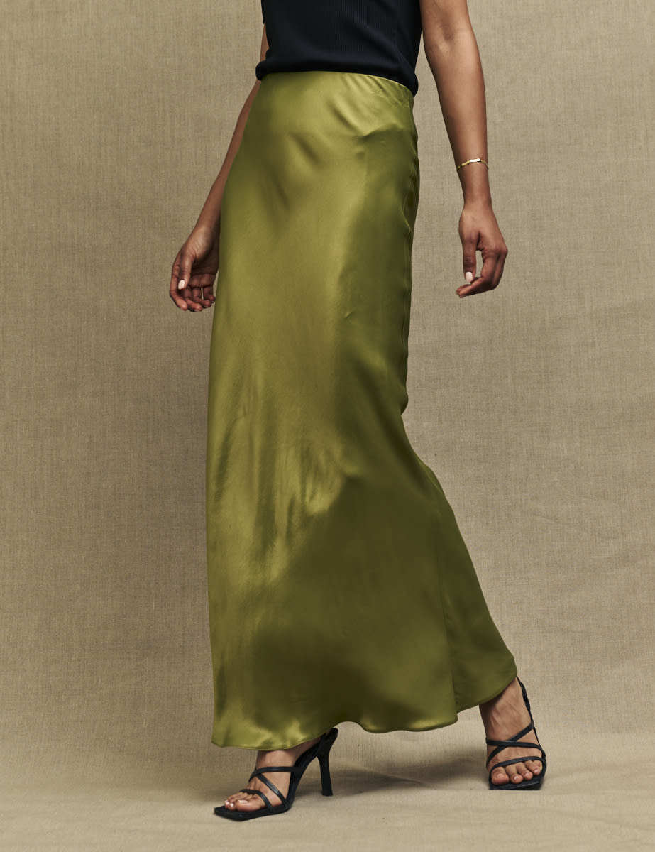 Olive Green Mila Satin Maxi Skirt