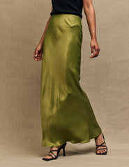 Olive Green Mila Satin Maxi Skirt