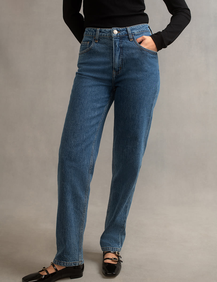 Mid Wash Blue High Rise Straight Leg Denim Jeans