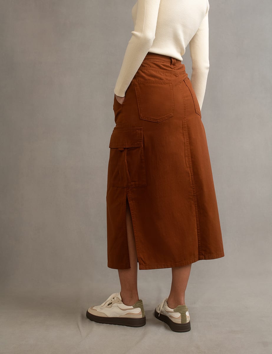 Brown Utility Cargo Midi Skirt