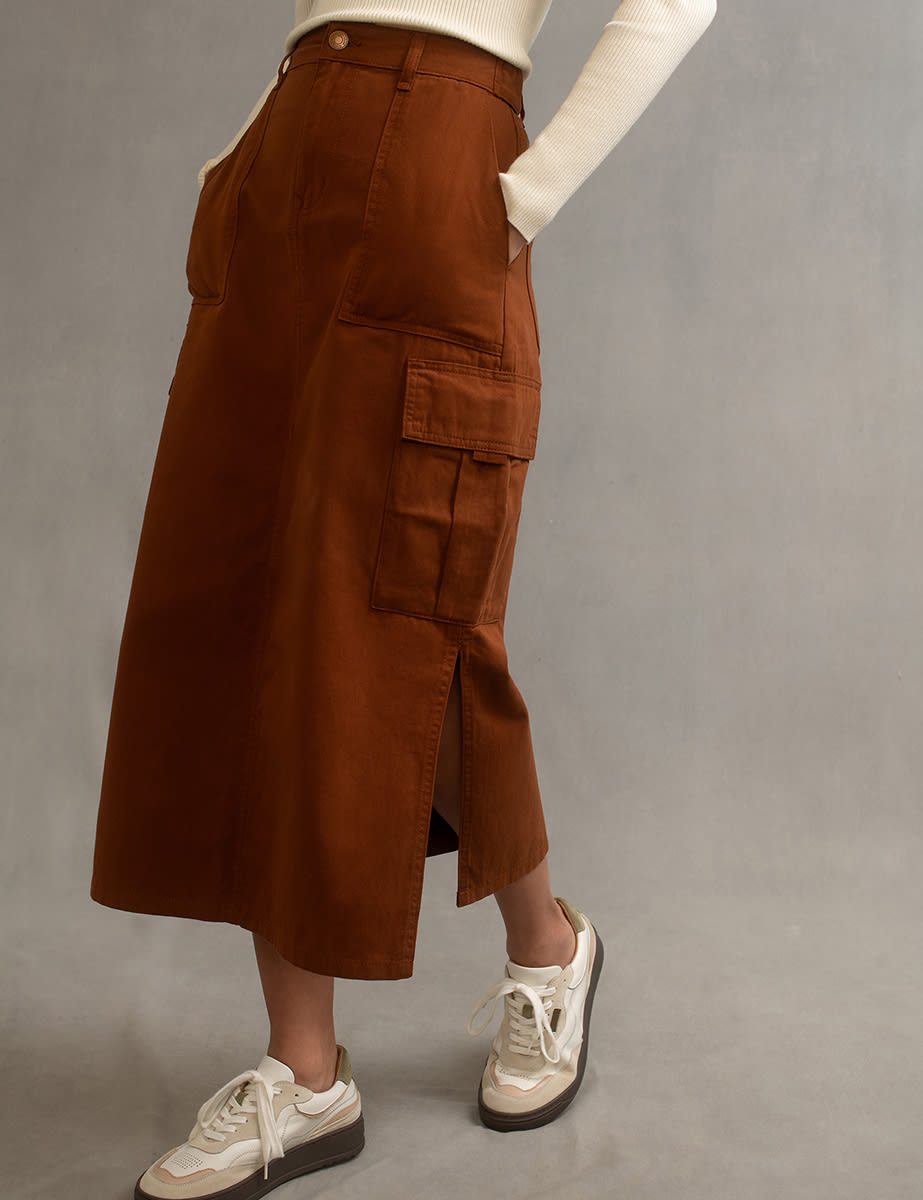 Brown Utility Cargo Midi Skirt