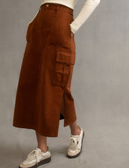 Brown Utility Cargo Midi Skirt