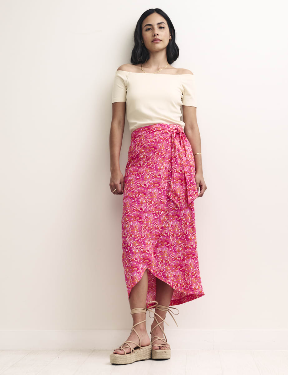 Pink Watercolour Wrap Midi Skirt