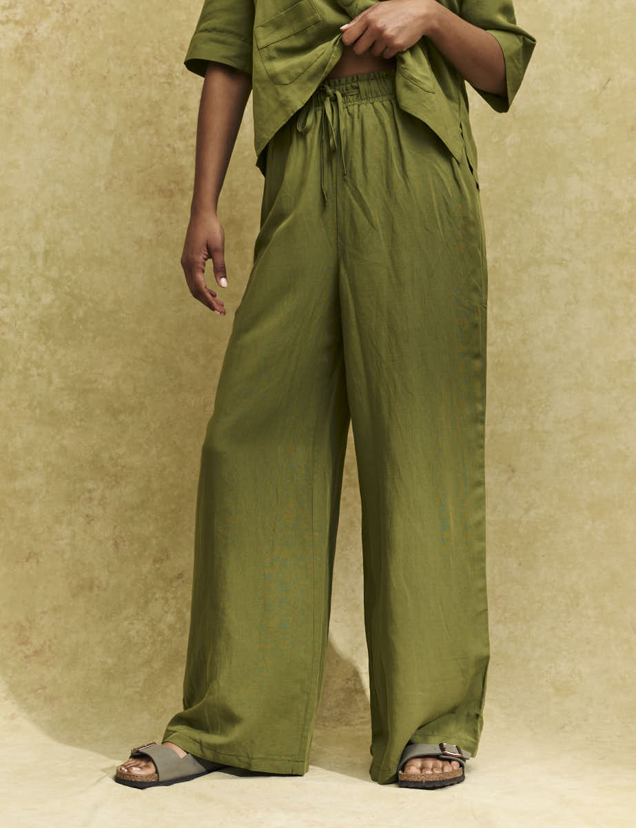 Khaki Drawstring Wide Leg Trousers