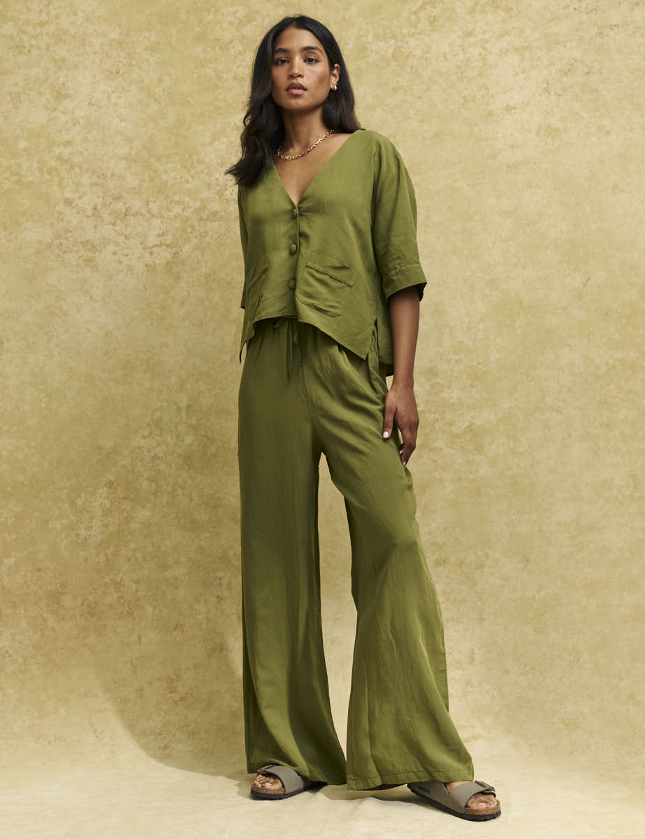 Khaki Drawstring Wide Leg Trousers