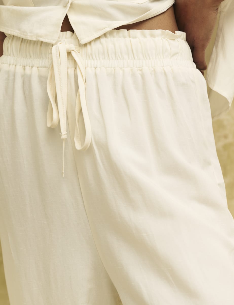Cream Drawstring Wide Leg Trousers