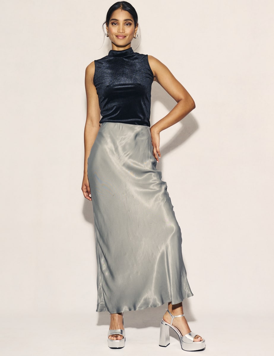 Silver Mila Satin Maxi Slip Skirt