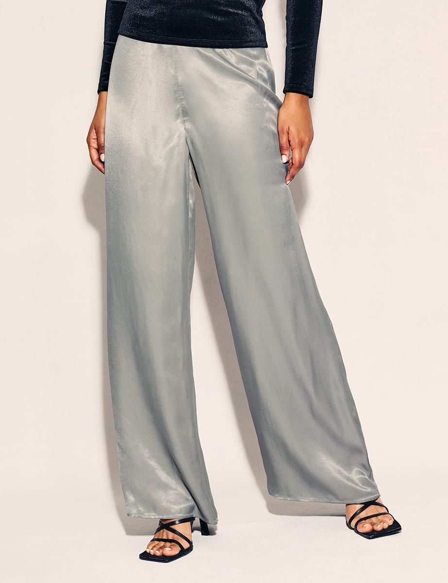 Silver Satin Wide Leg Azora Trousers