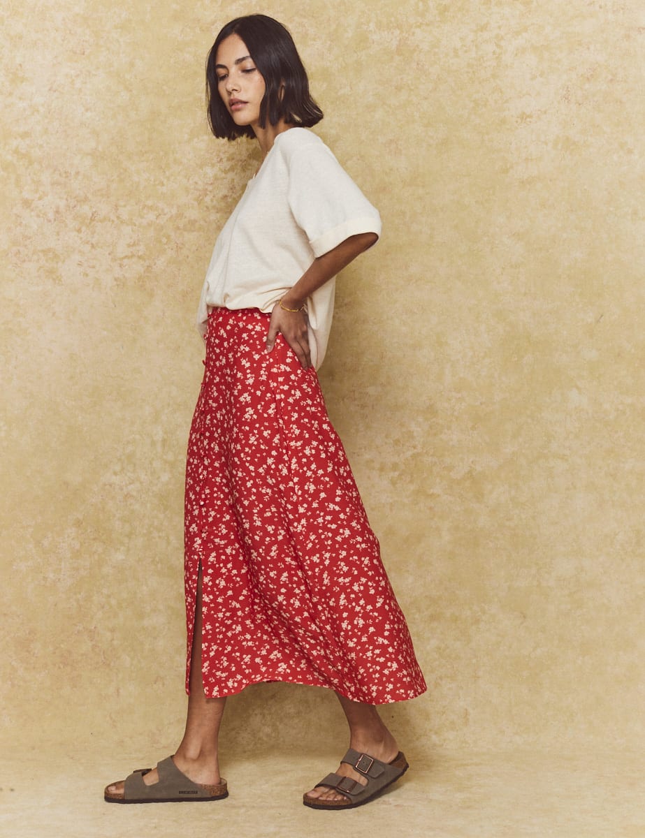 Red Ditsy Floral Sadie Midi Skirt