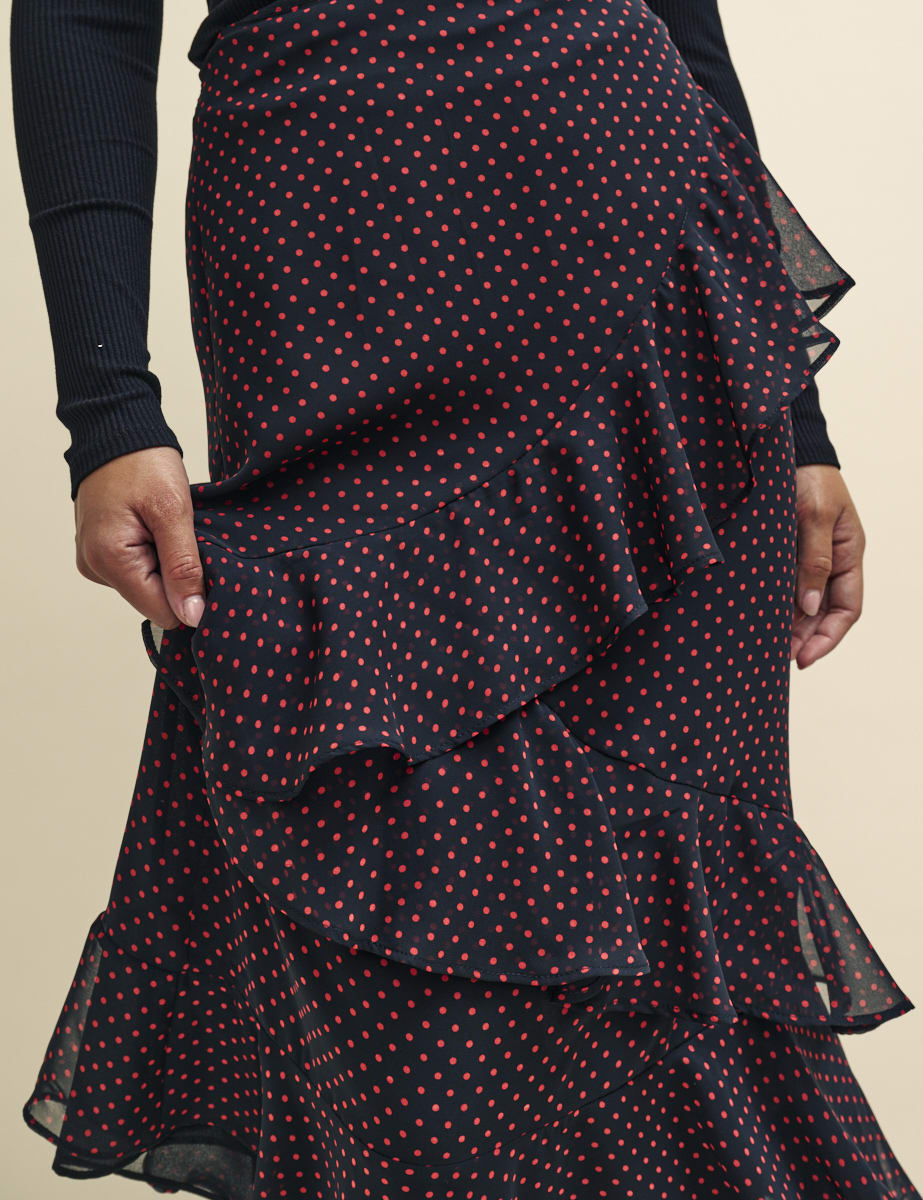 Black and Red Polka Dot Print Aurora Chiffon Midaxi Skirt