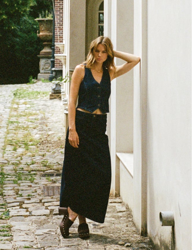 Dark Denim Back Slit Maxi Skirt