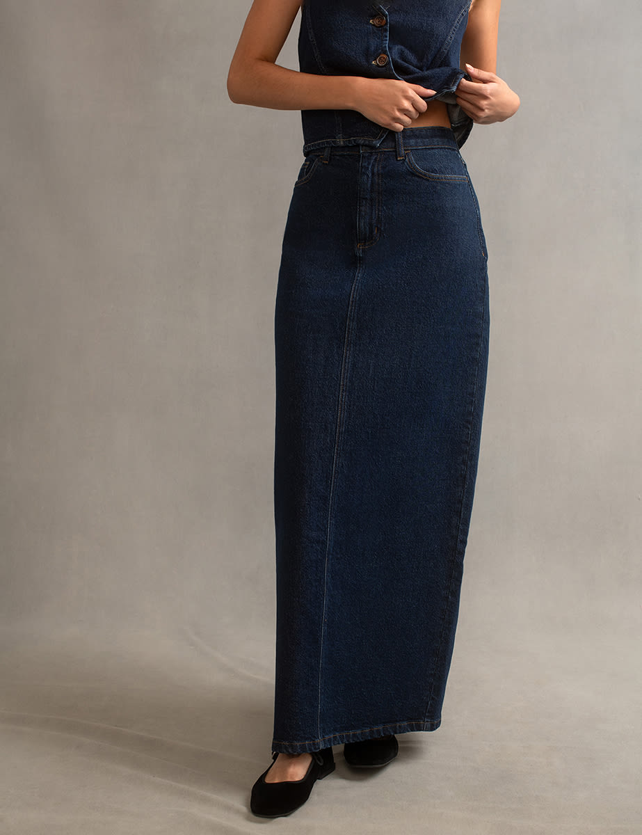 Dark Denim Back Slit Maxi Skirt