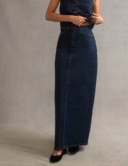 Dark Denim Back Slit Maxi Skirt