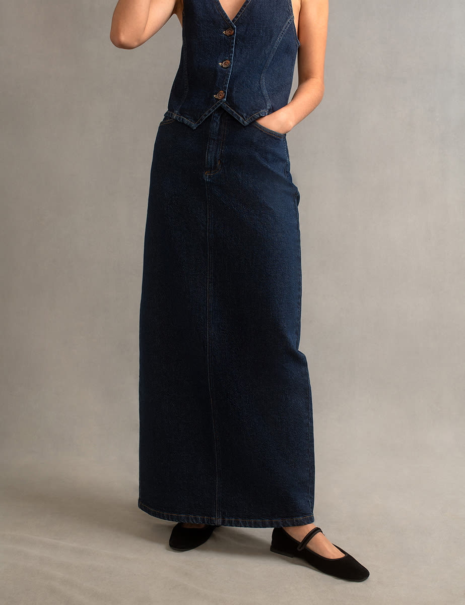 Dark Denim Back Slit Maxi Skirt