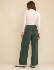 Green Cord Double Pleat Front Wide Leg Trousers