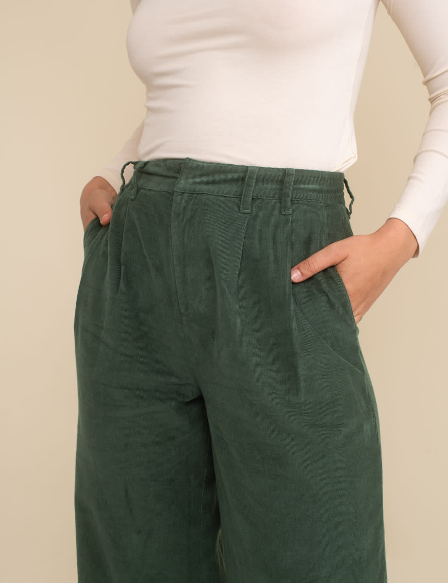 Green Cord Double Pleat Front Wide Leg Trousers