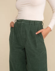 Green Cord Double Pleat Front Wide Leg Trousers