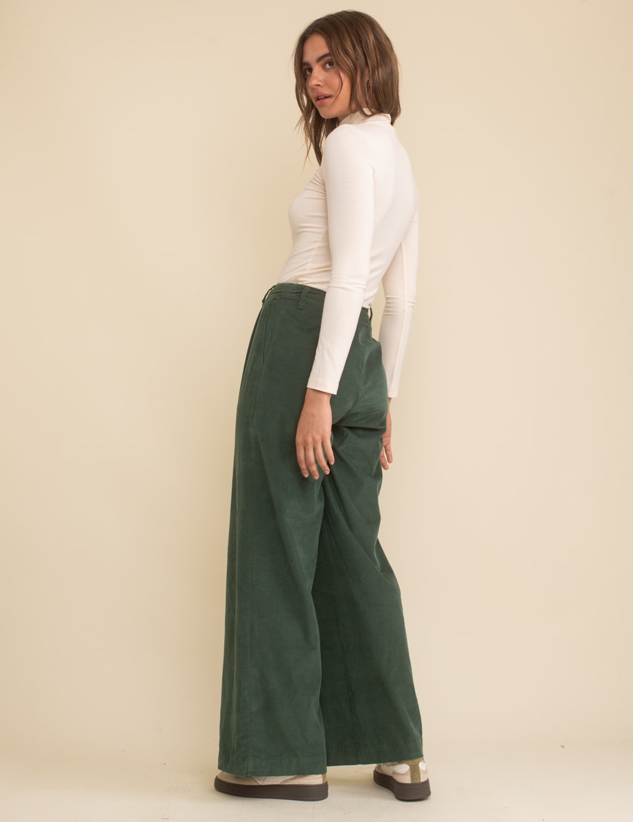 Green Cord Double Pleat Front Wide Leg Trousers