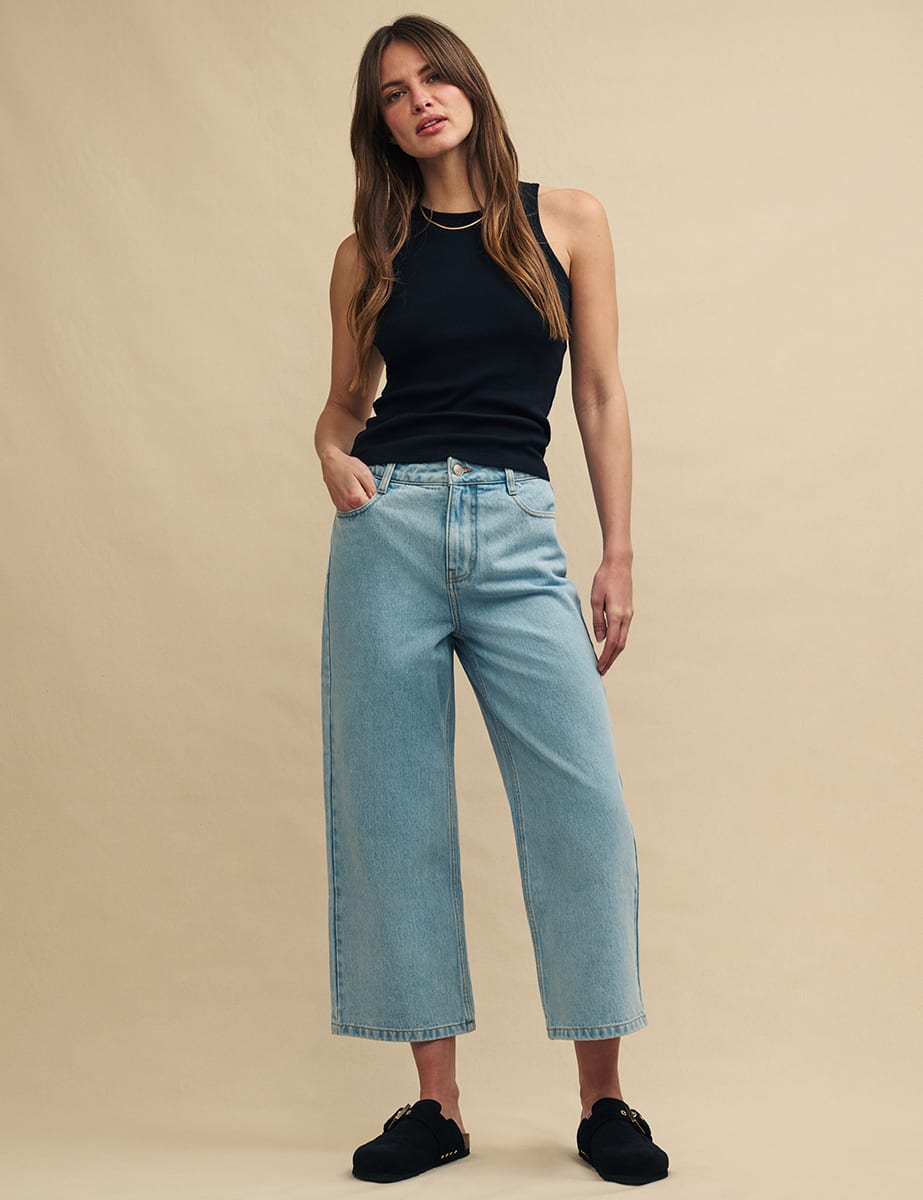 Blue Light Wash Cropped Denim High Rise Wide Leg Jeans