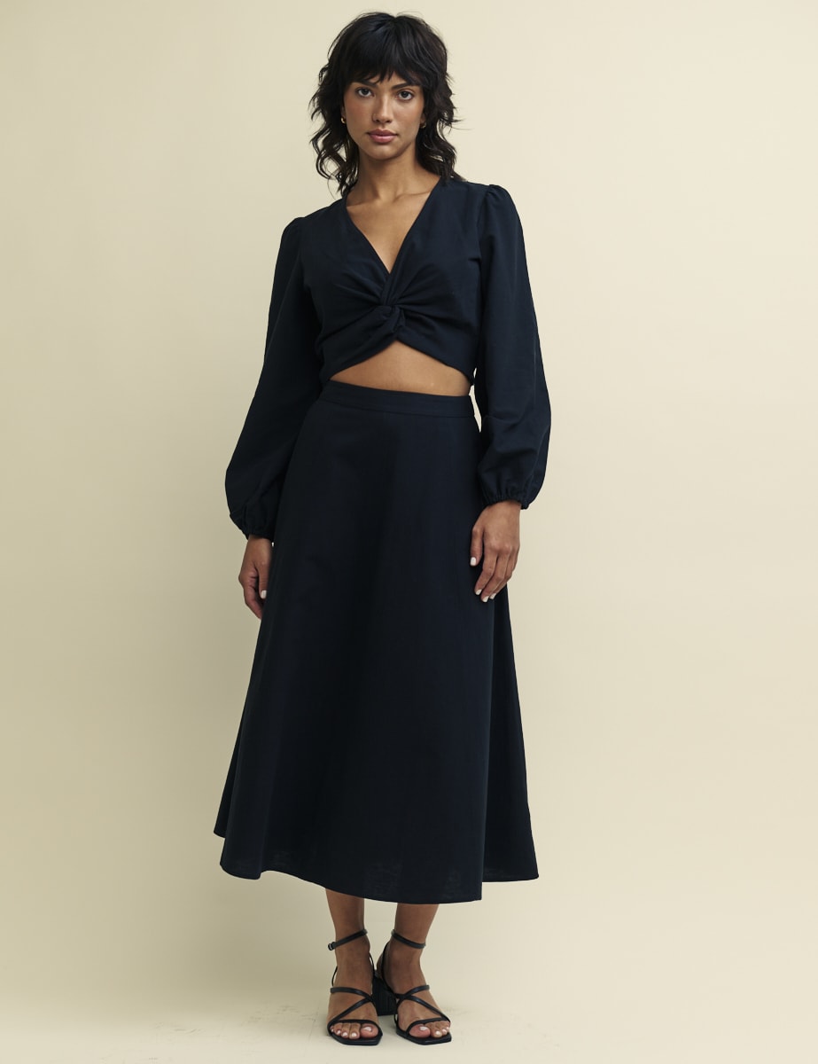 Black Linen-blend A Line Midi Skirt