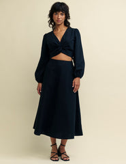 Black Linen-blend A Line Midi Skirt