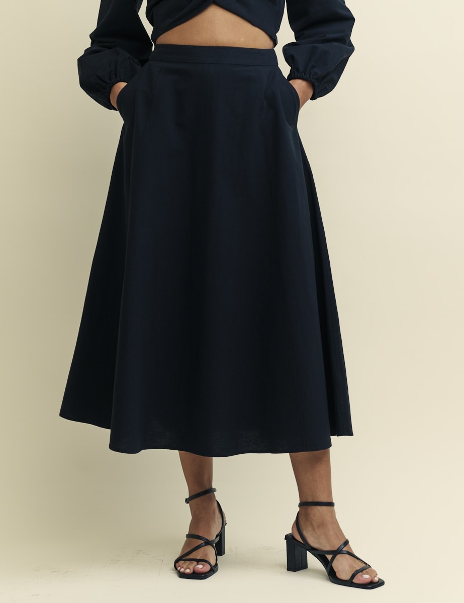 Black Linen-blend A Line Midi Skirt