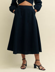 Black Linen-blend A Line Midi Skirt