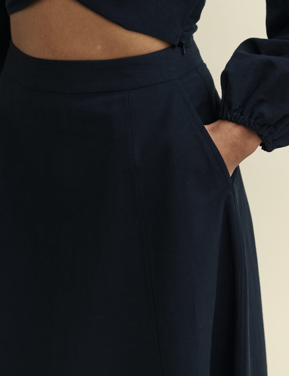 Black Linen-blend A Line Midi Skirt