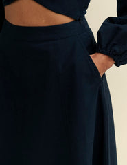 Black Linen-blend A Line Midi Skirt