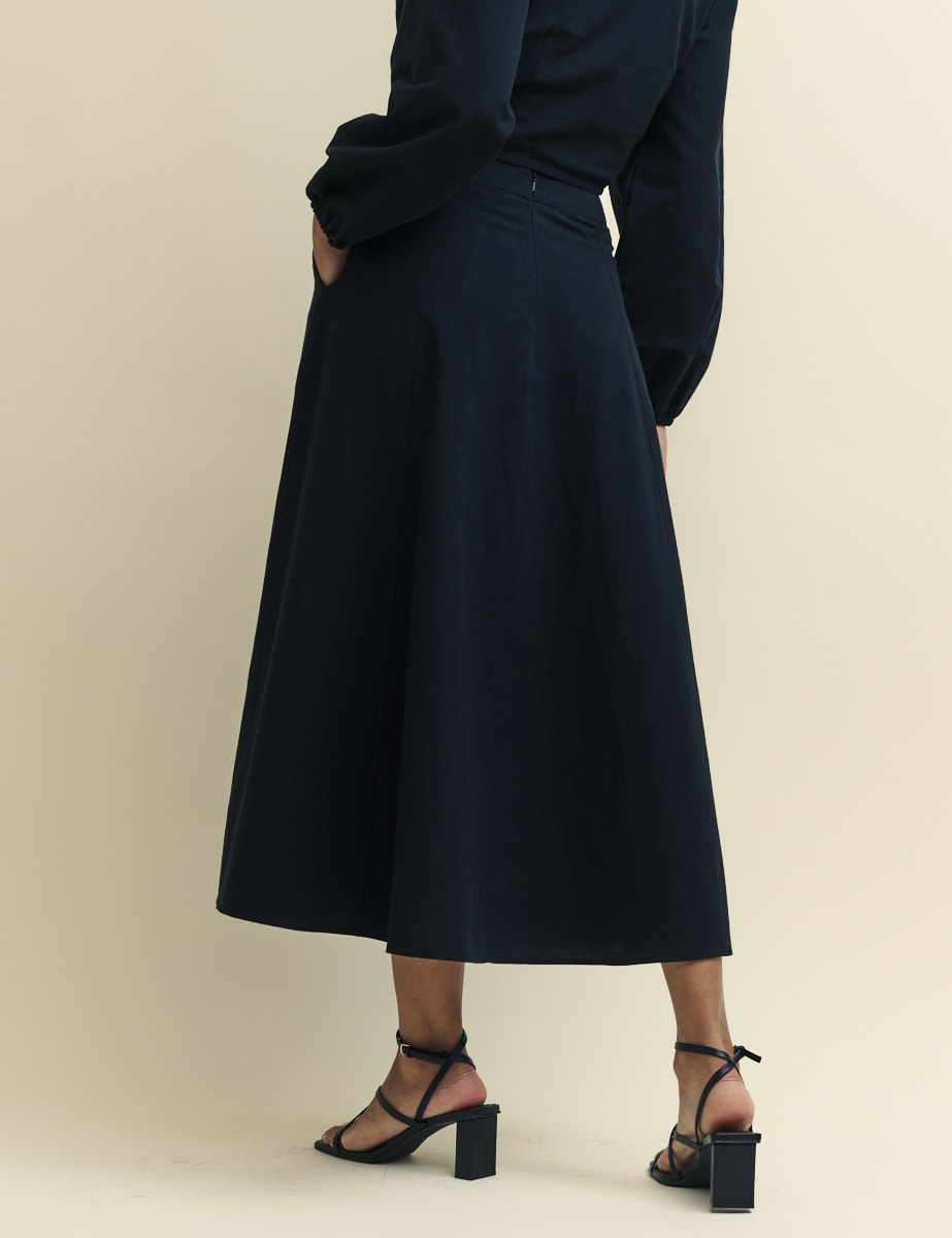 Black Linen-blend A Line Midi Skirt