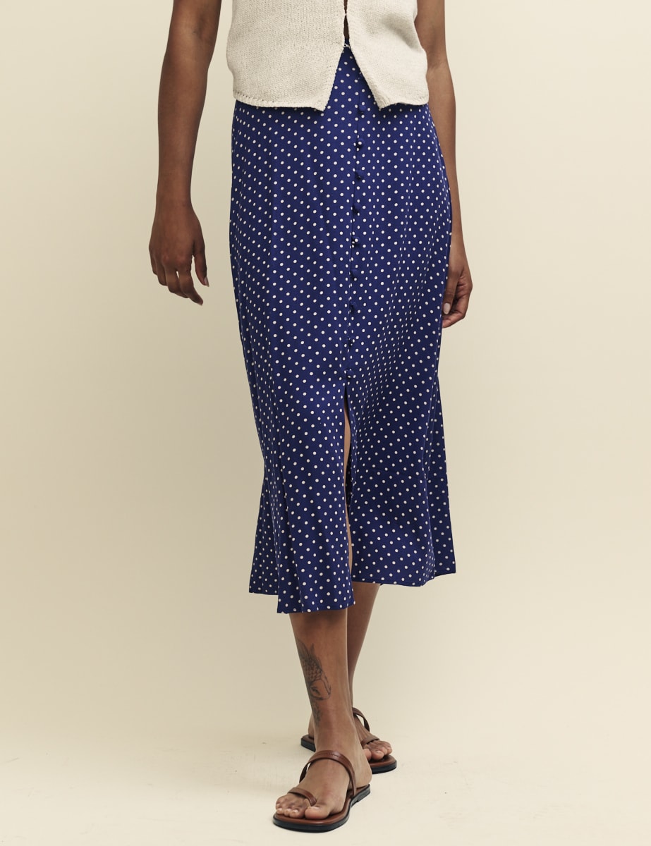 Navy Spot Print Sadie Midi Skirt