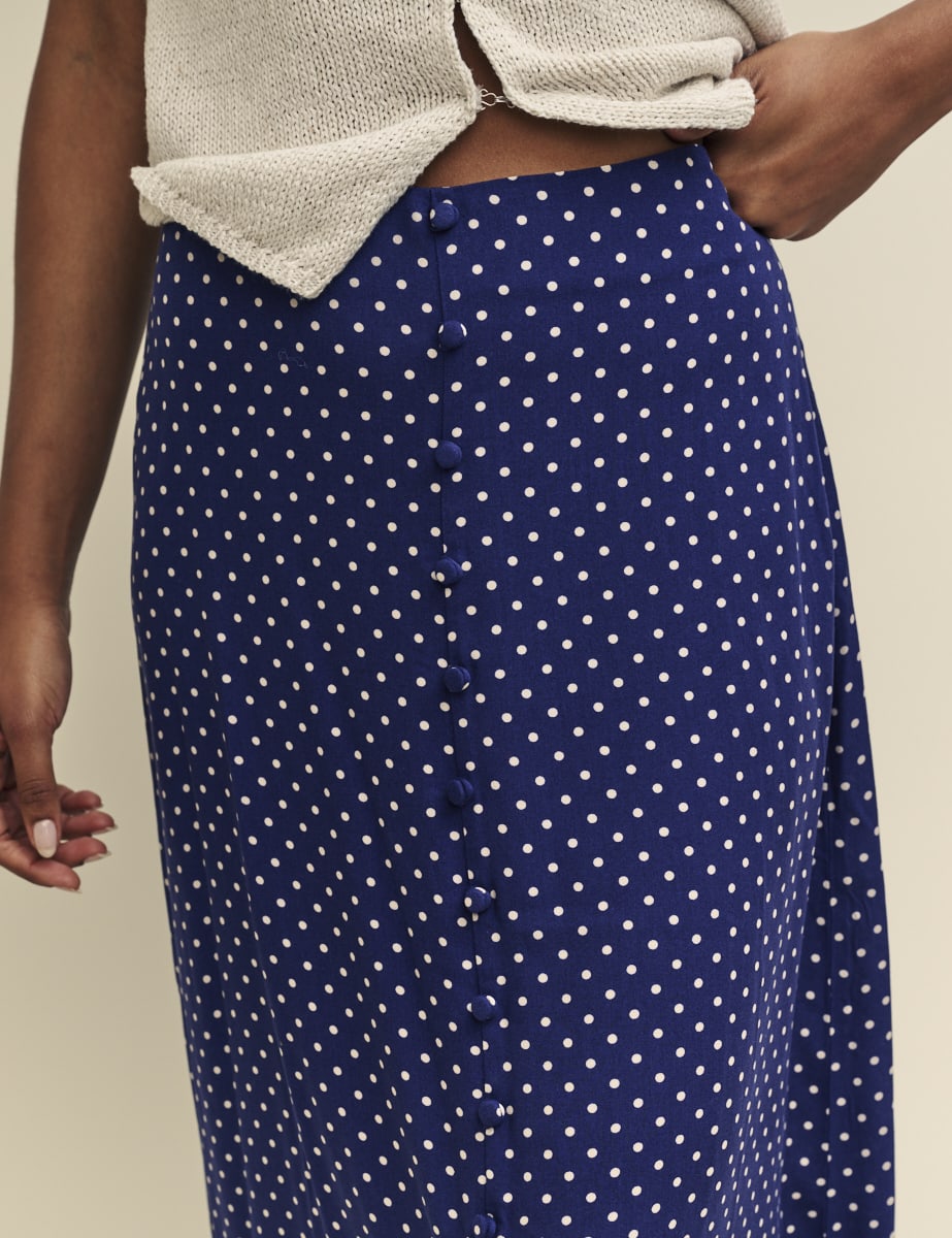 Navy Spot Print Sadie Midi Skirt