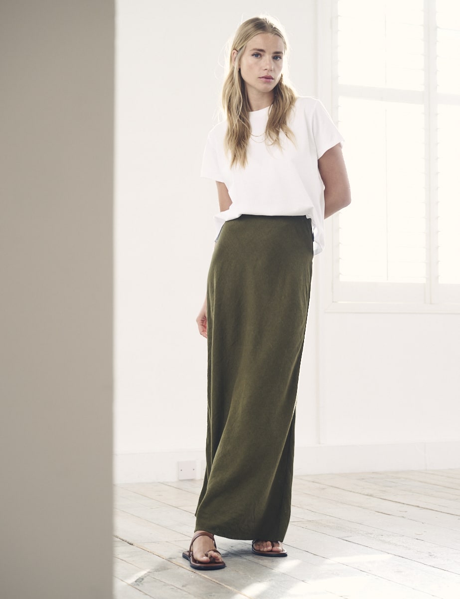 Petite Khaki Linen-blend Mila Midi Skirt