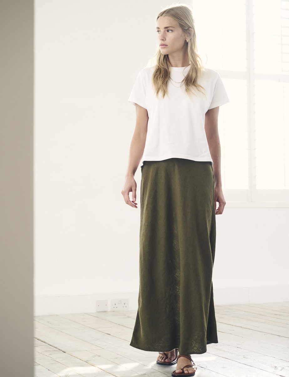 Khaki Green Linen-blend Mila Midaxi Skirt