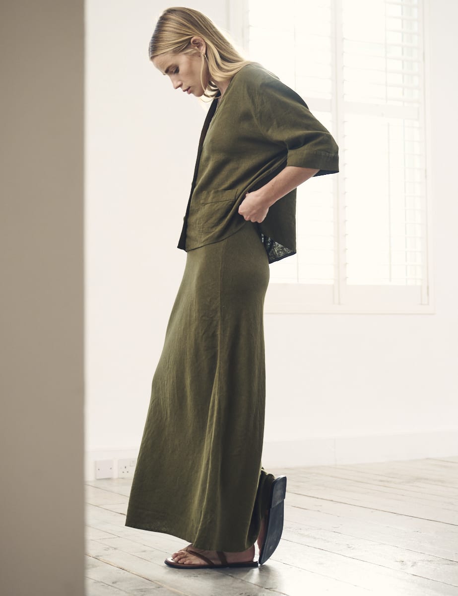 Petite Khaki Linen-blend Mila Midi Skirt