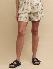 Cream Linen-blend Floral Embroidered Shorts