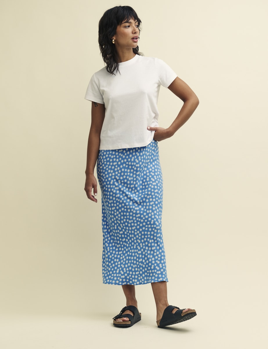 Blue Daisy Print Mila Midi Skirt