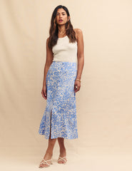 Blue Printed Button Down Sadie Midi Skirt