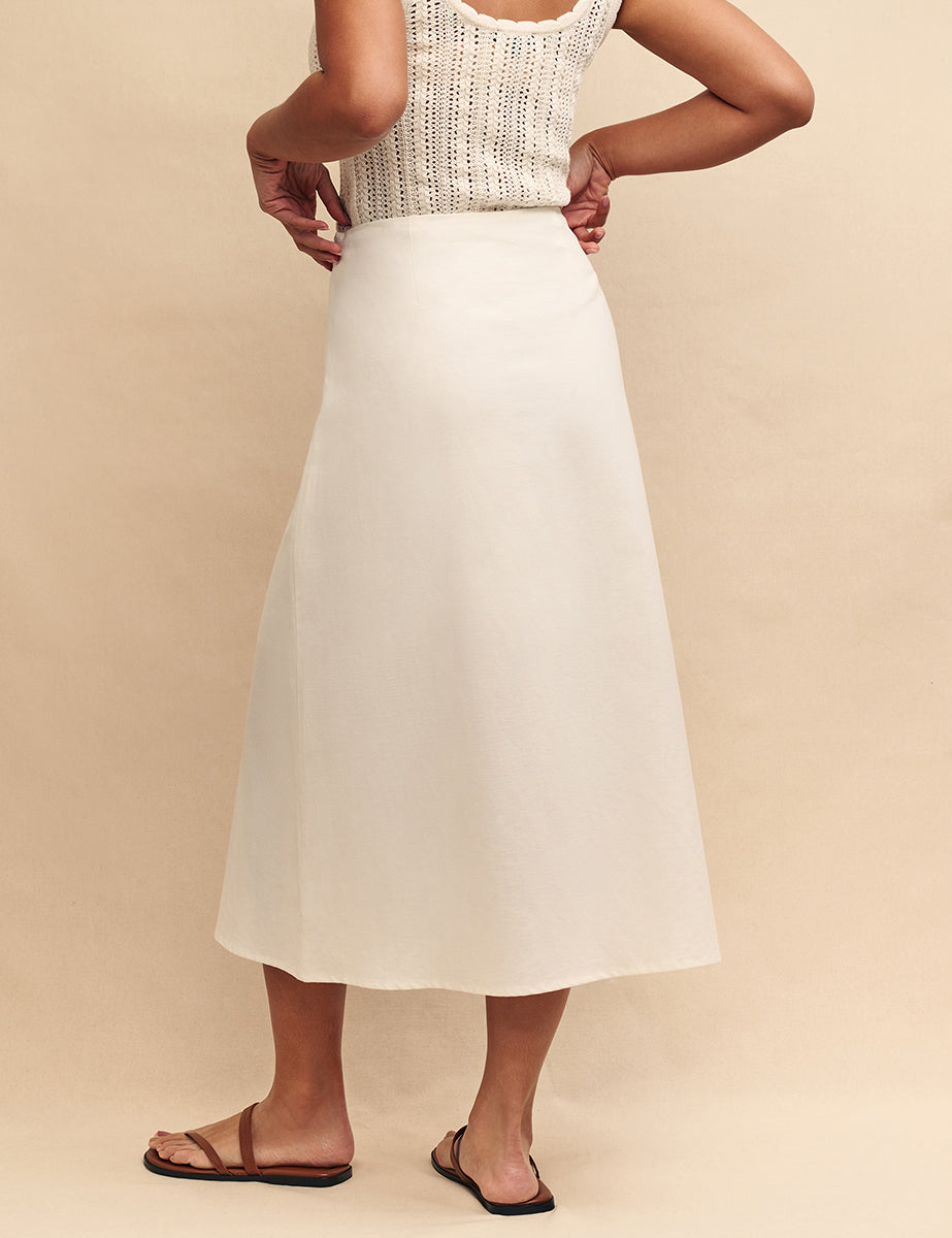 White Linen-blend Sadie Button Down Midi Skirt