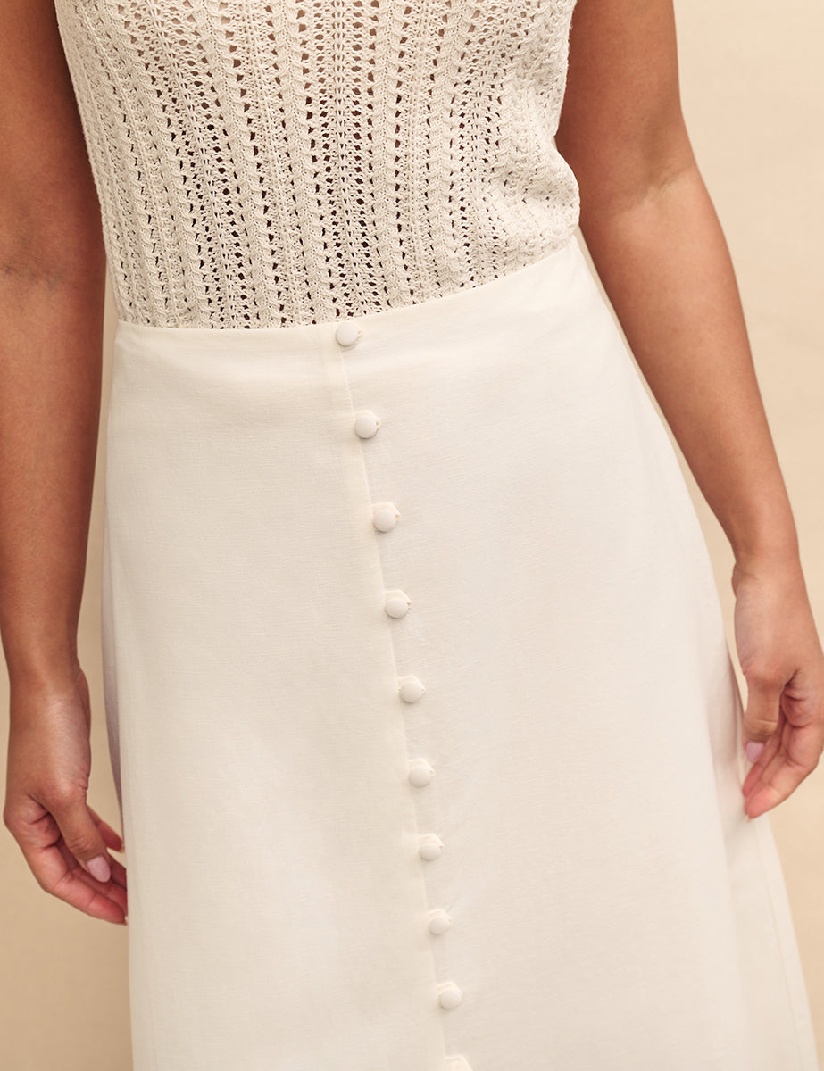 White Linen-blend Sadie Button Down Midi Skirt