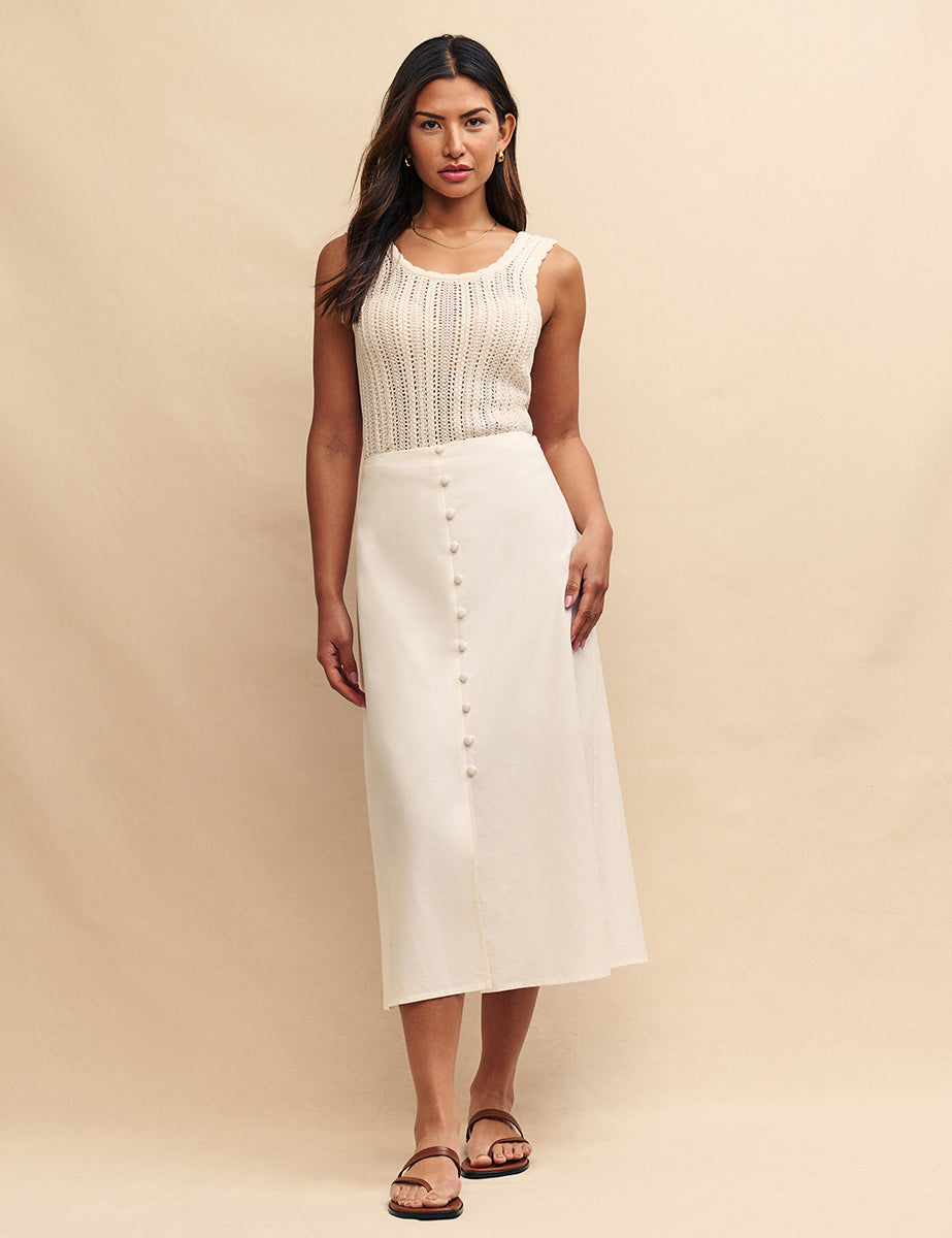 White Sadie Button Down Midi Skirt